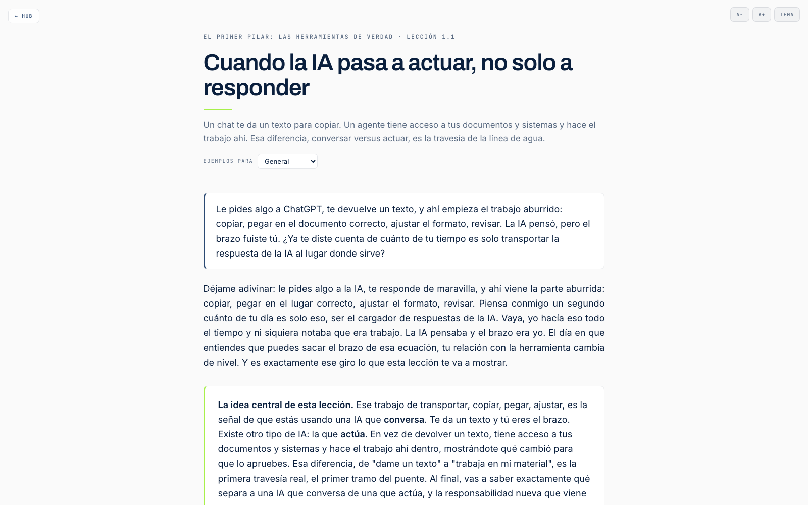 Lección real con prosa editorial y diagrama de flujo