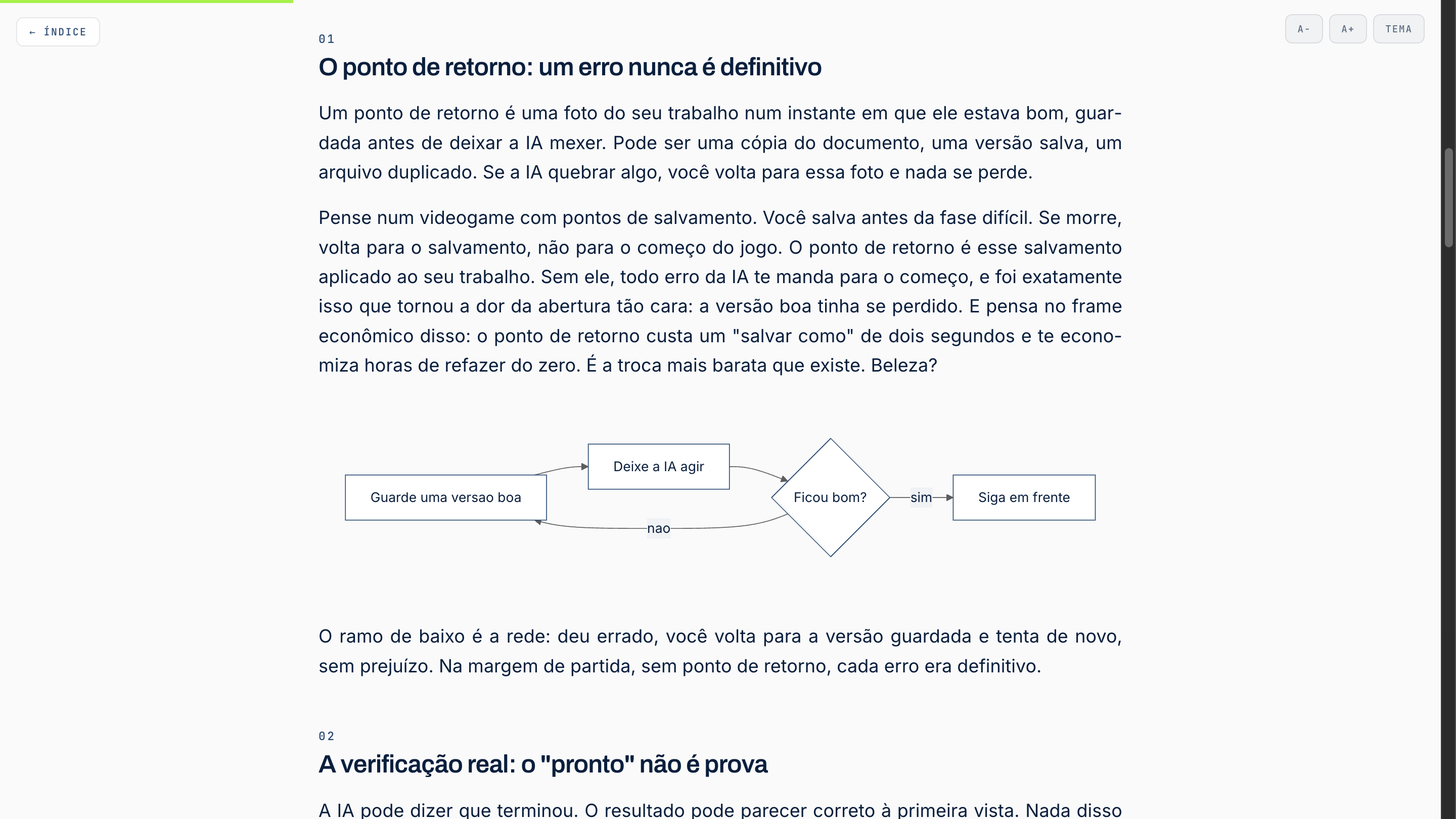 Aula real com prosa editorial e diagrama de fluxo