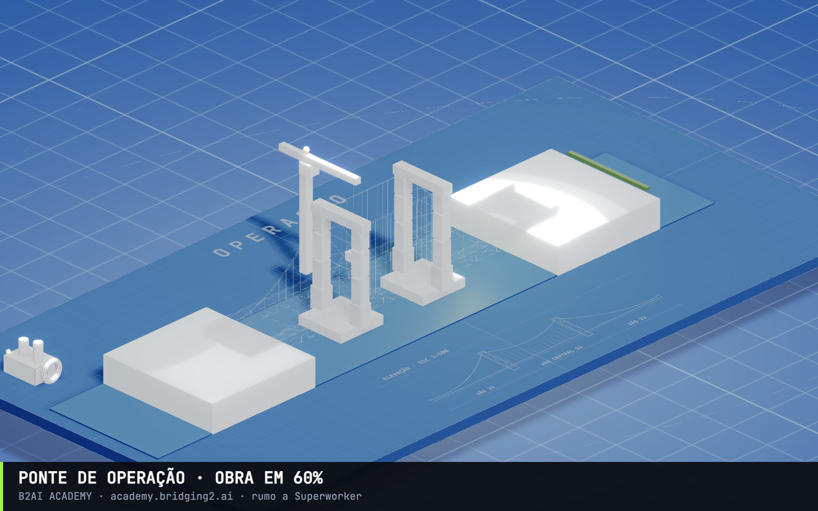 Ponte de Operação em construção no mapa 3D: torres erguidas, guindaste e plataformas em estilo blueprint